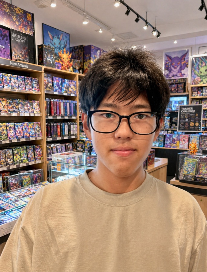 Leo at the Pokémon card shop